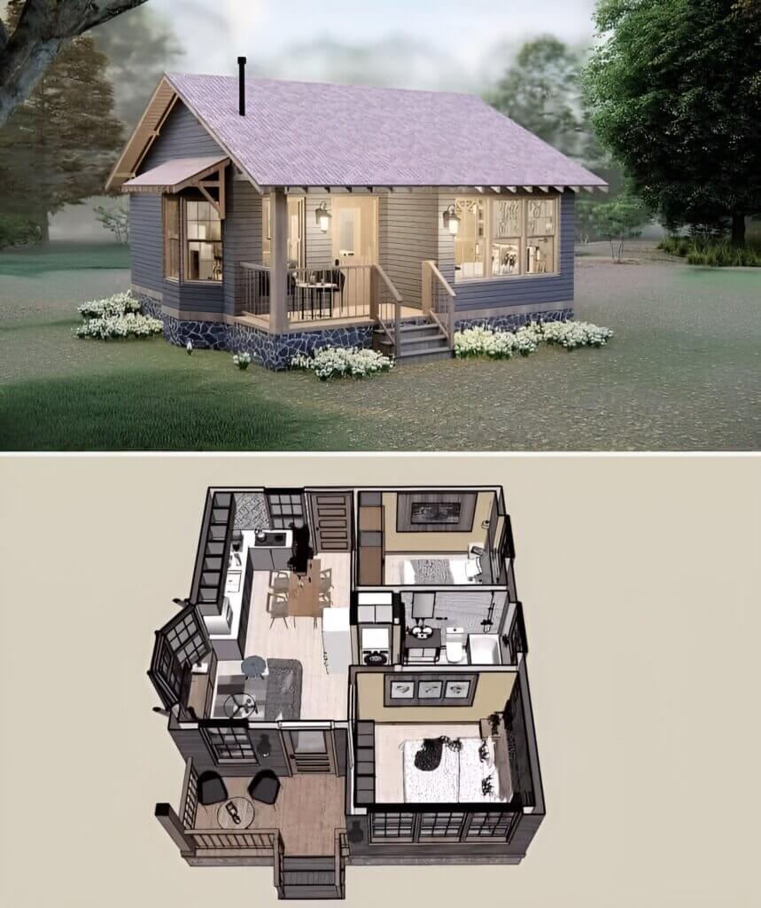 I'd like to find some floor plans for a small house measuring 14 by 24 feet.