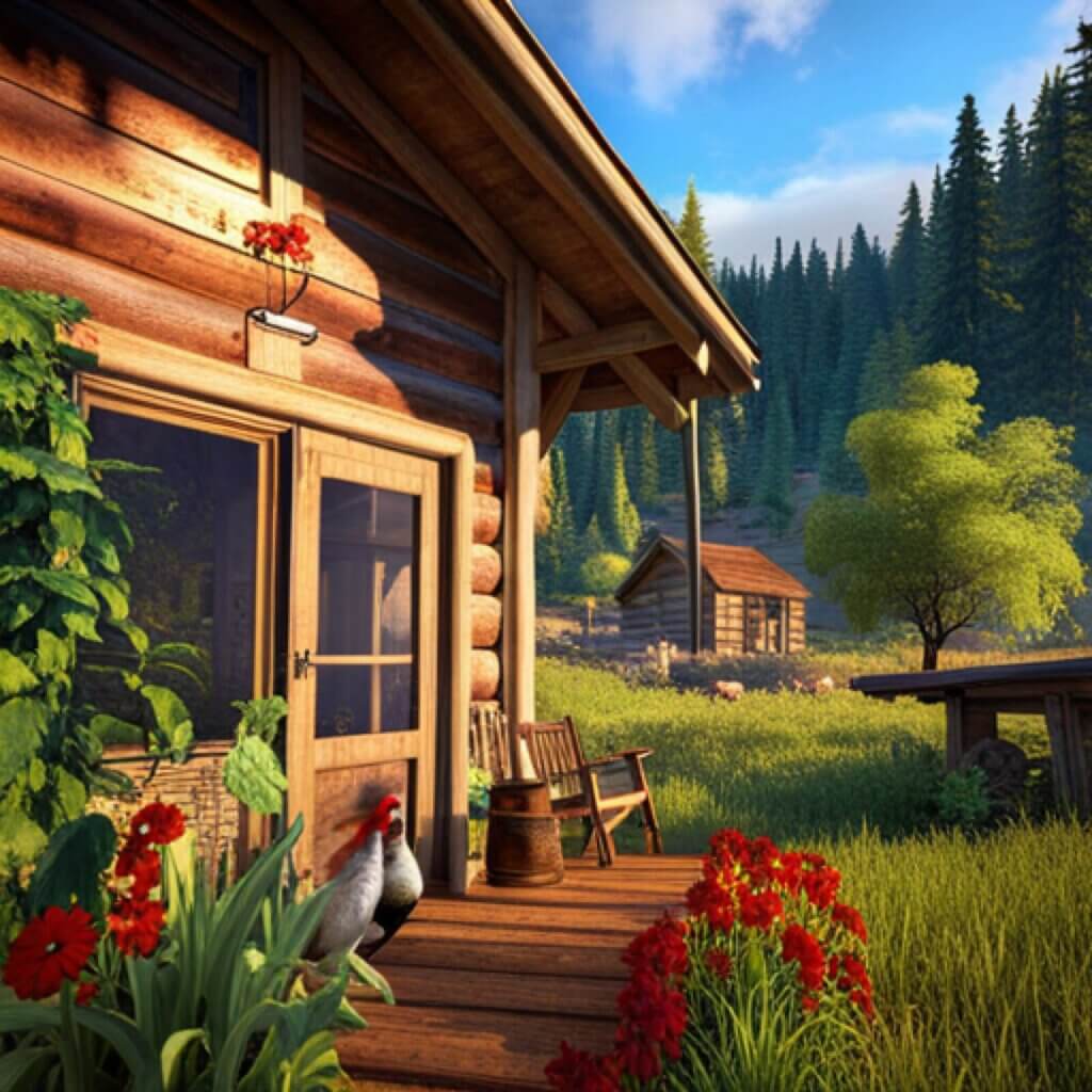 Living an off-grid life in a cabin surrounded by lush green hills.