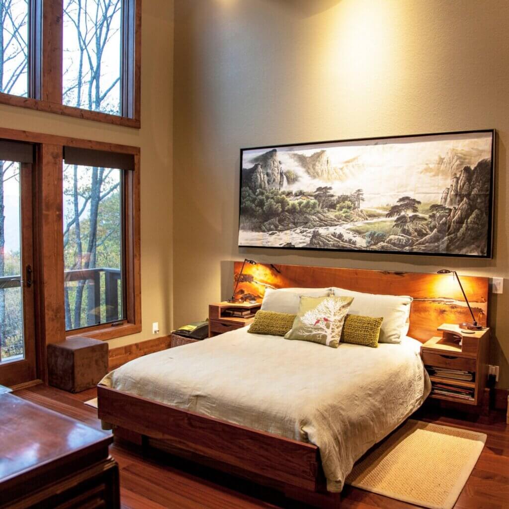 Interior design ideas for bedrooms in log homes.