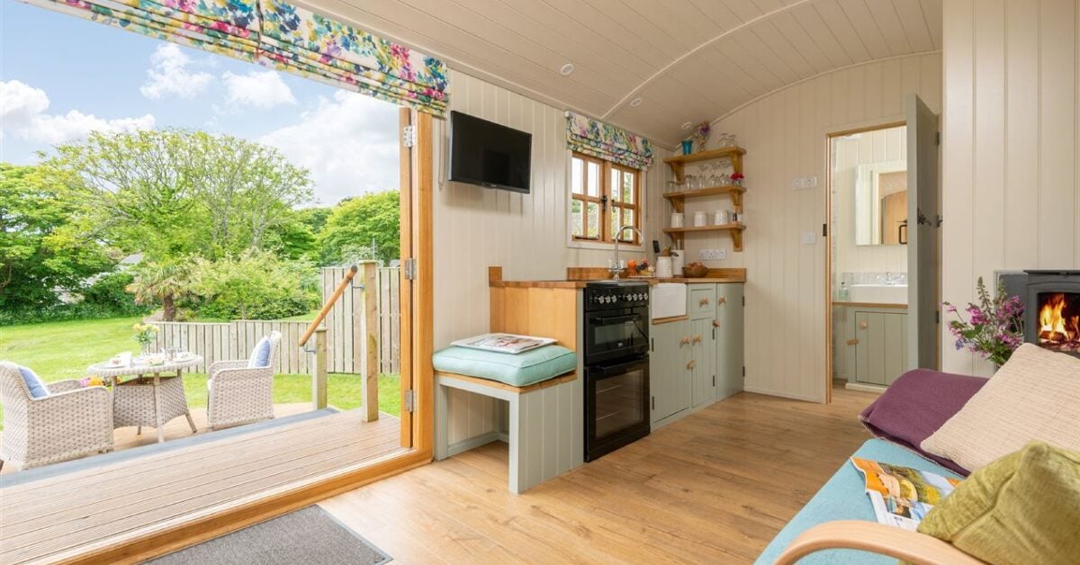 Interior of a shepherd hut for a unique and luxurious glamping experience.