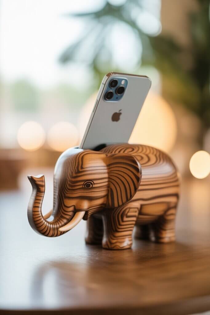 A realistic photograph showcasing the intricate wood grain details of a charming wooden elephant phone holder, gently cradling a smartphone.
