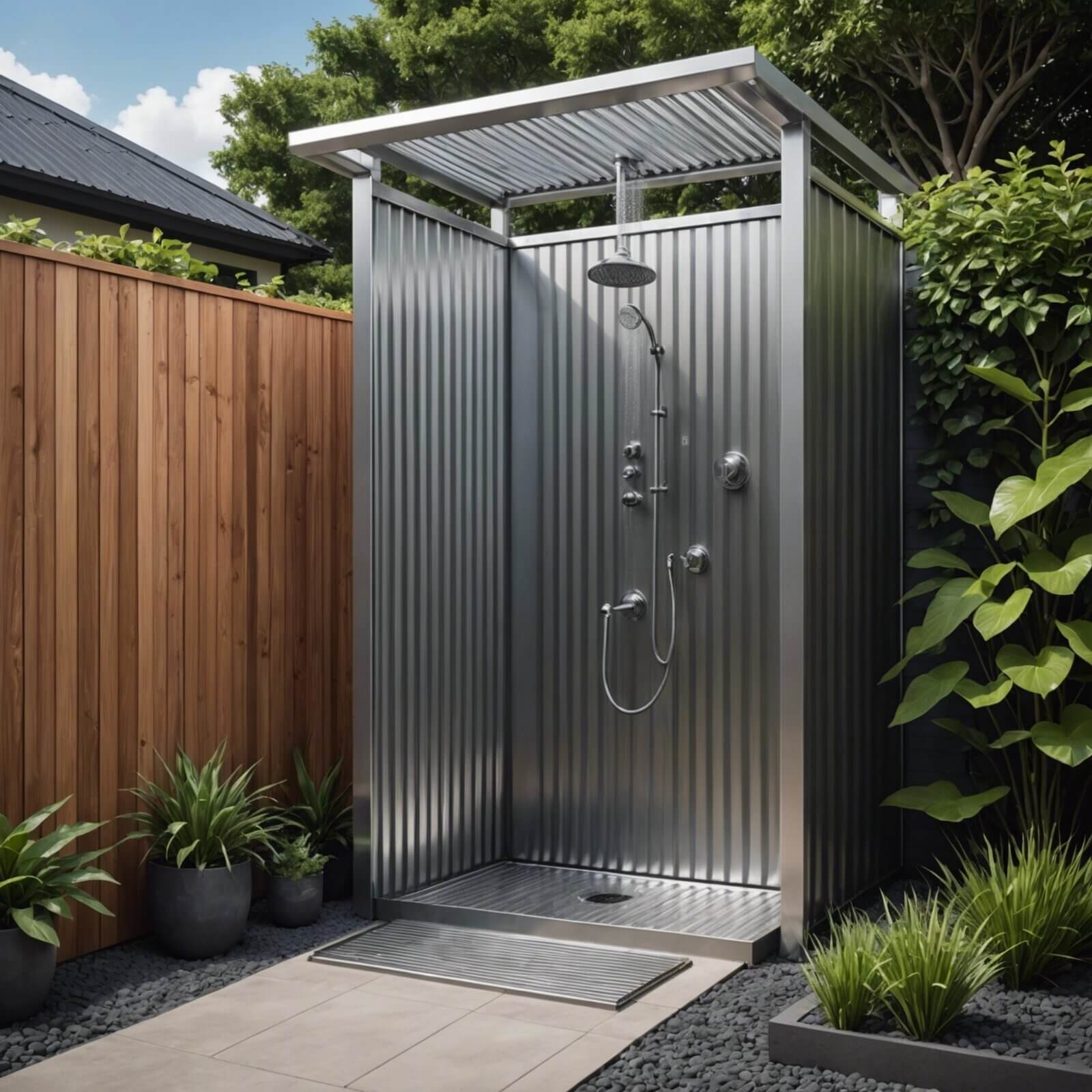 Experience the refreshing bliss of an outdoor shower with our stunning Corrugated Metal Outdoor Shower.