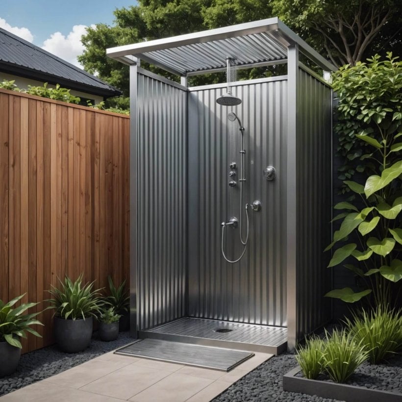 Experience the refreshing bliss of an outdoor shower with our stunning Corrugated Metal Outdoor Shower.