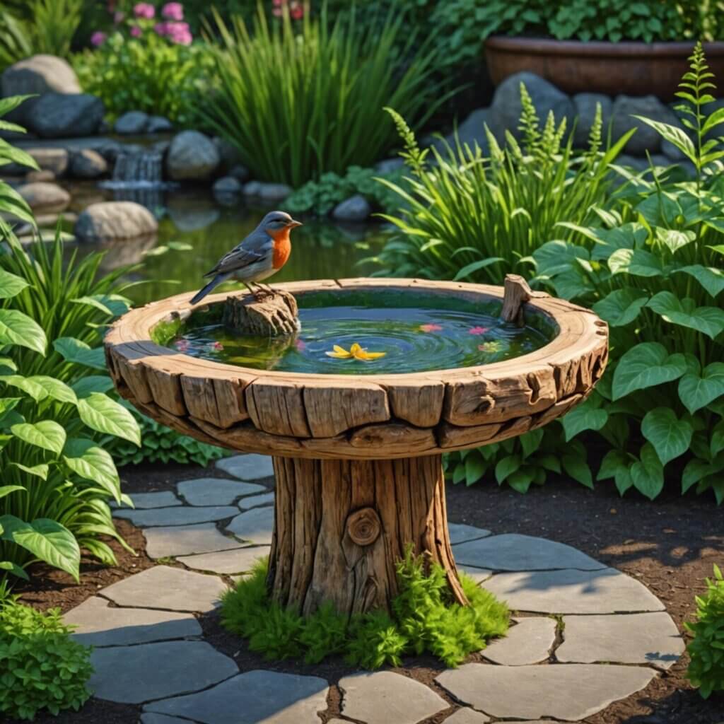 I created a beautiful bird bath using a log.