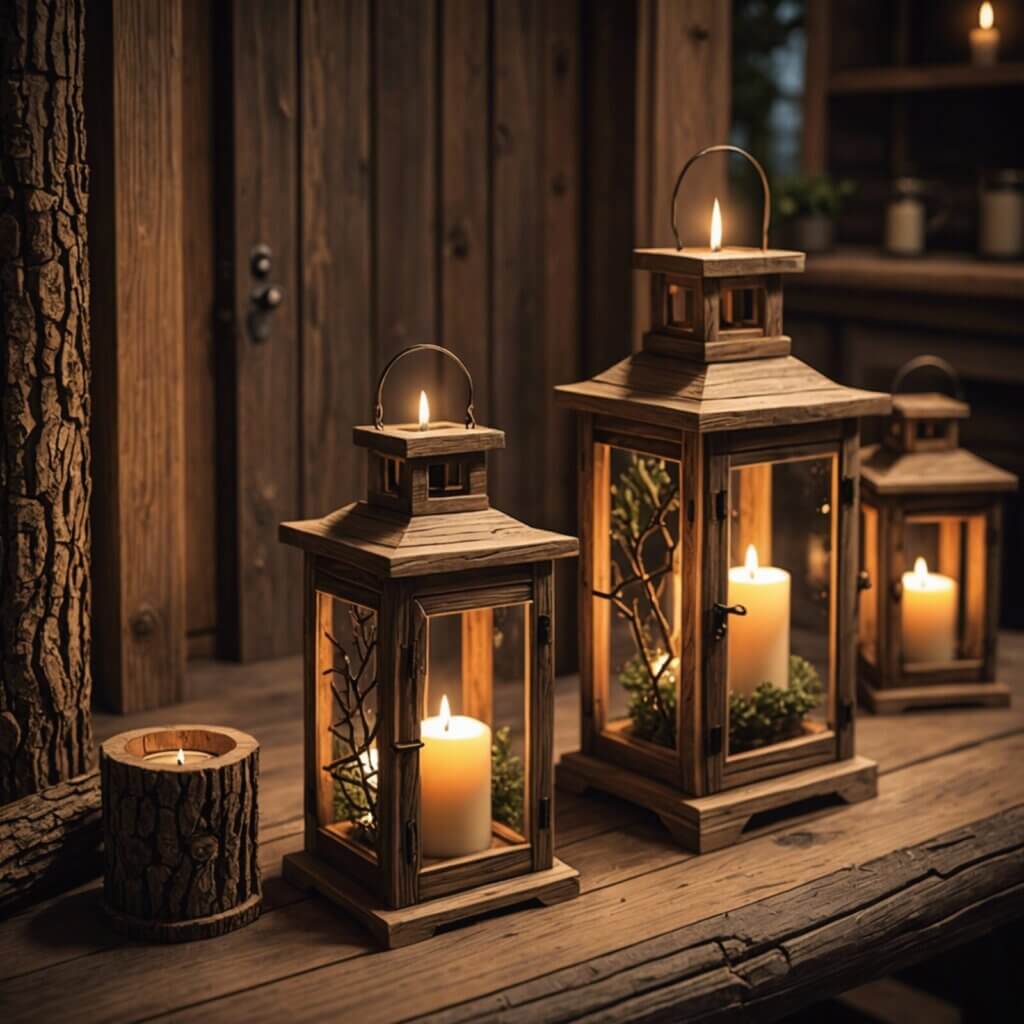 Candle lanterns made of logs.