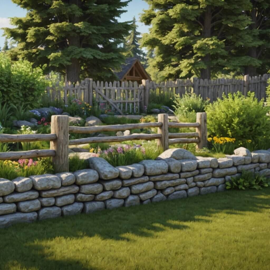Building log fences adds a rustic charm while retaining walls provide structural support.