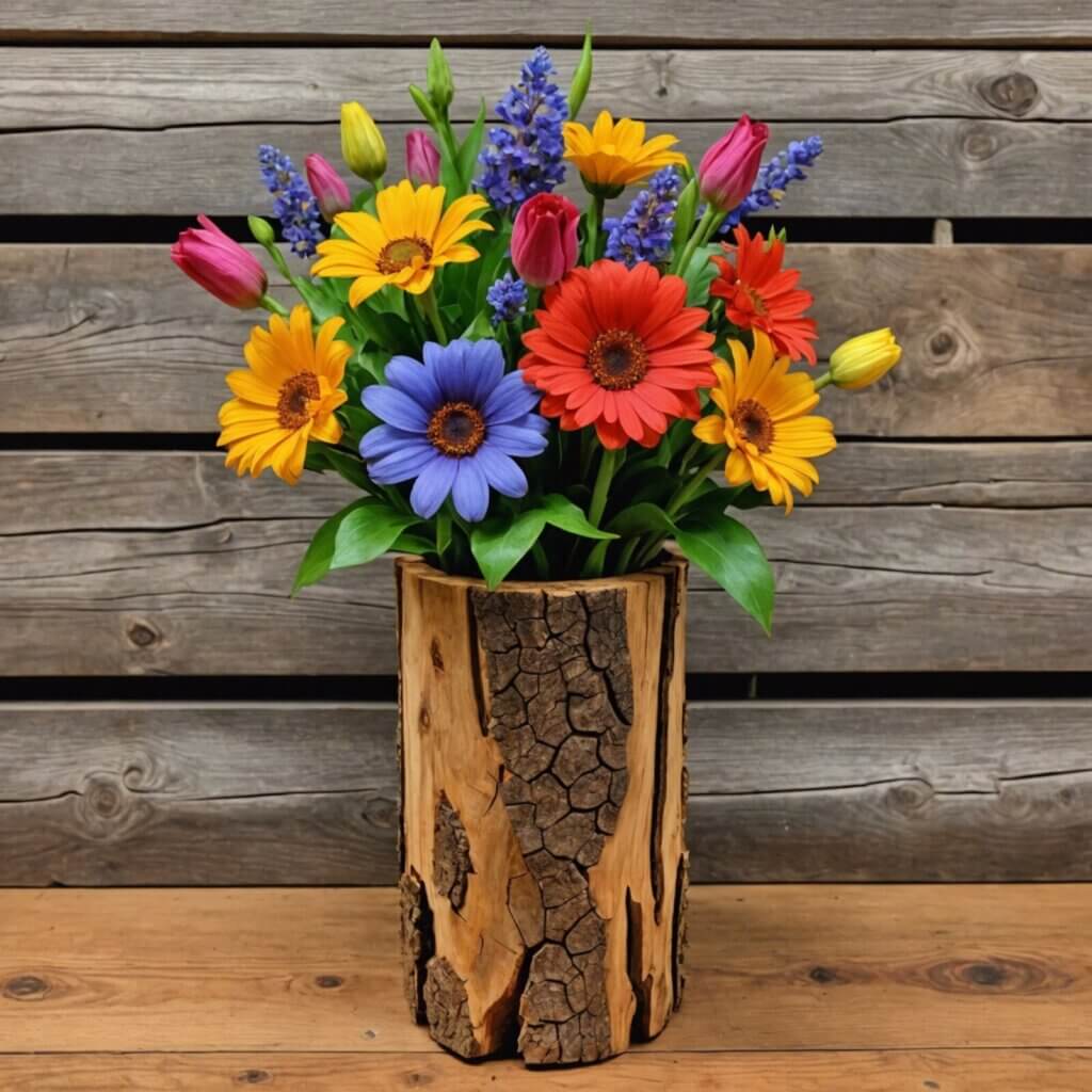 Wooden log flower vase