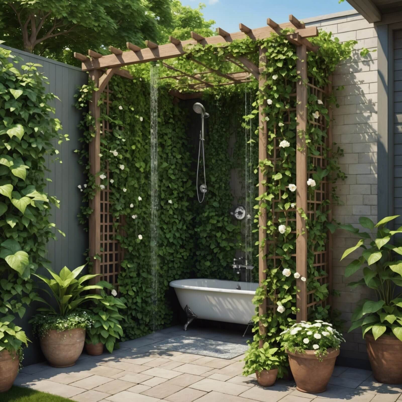 Experience the ultimate luxury with an exquisite outdoor shower complemented by a captivating trellis.