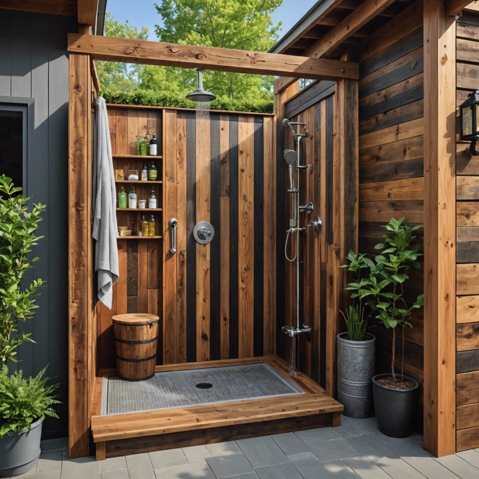 Transform your outdoor space with a stunning reclaimed wood outdoor shower.