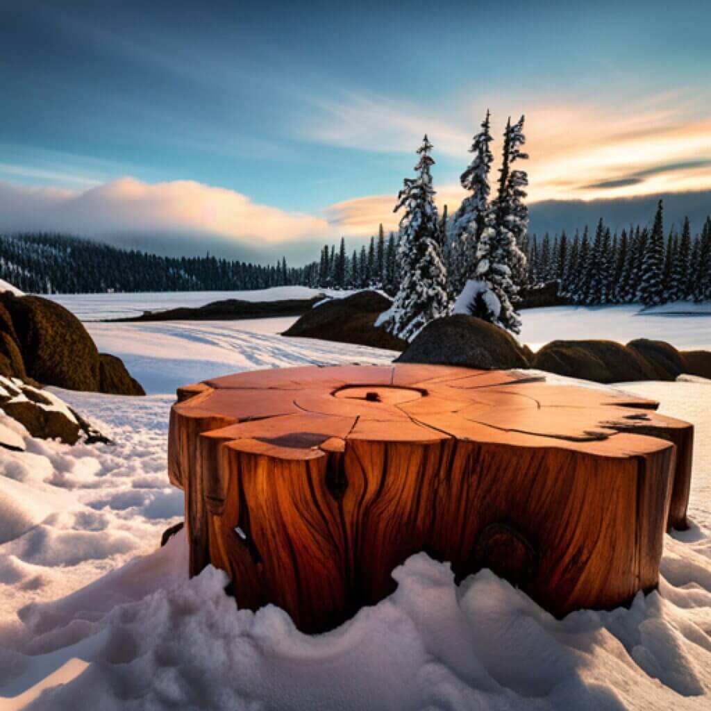 Outdoor coffee table made of rustic wood logs.