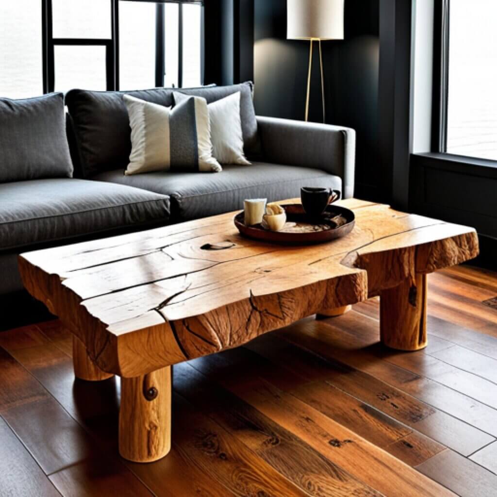 Designing a coffee table made of rustic wood logs.