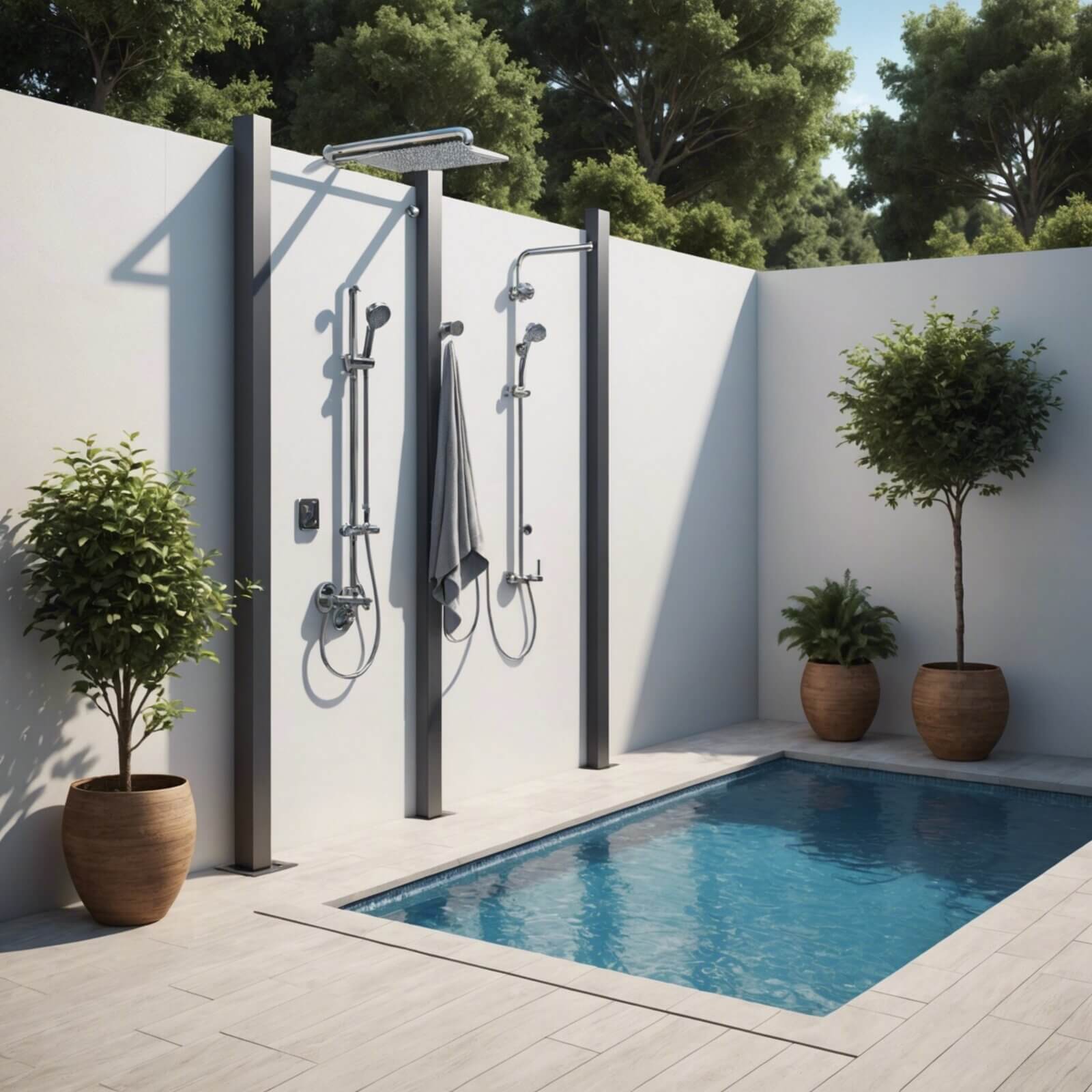 Experience the refreshing simplicity of an outdoor poolside open shower.
