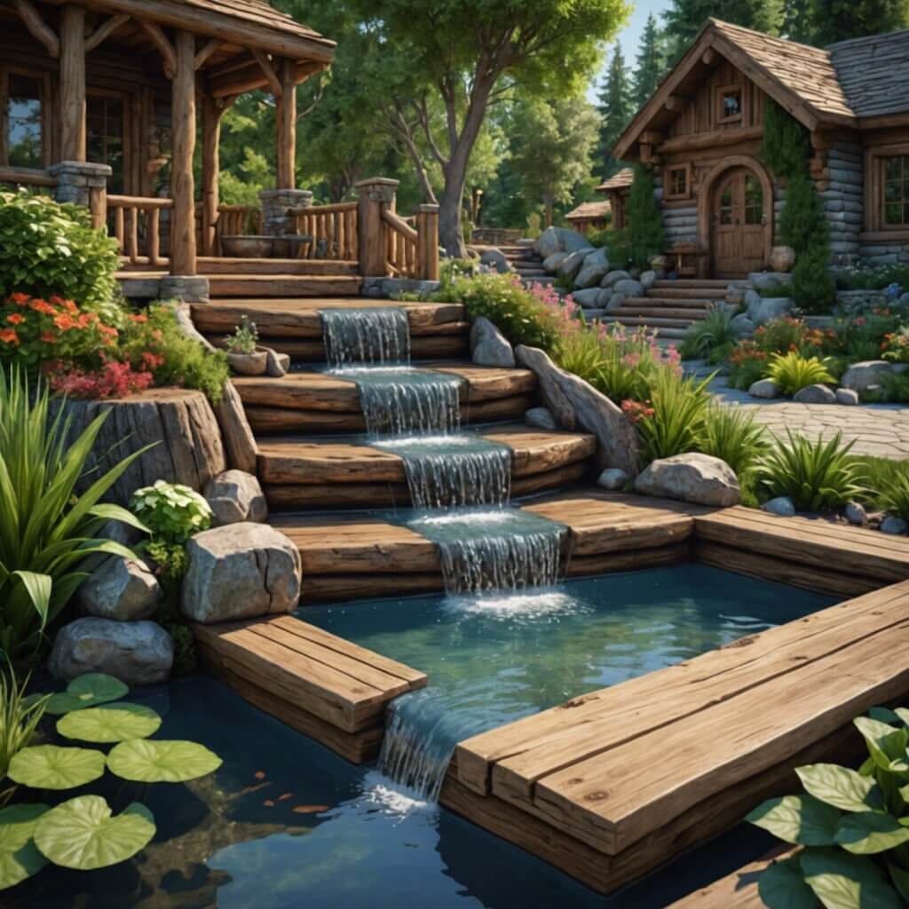 Discover the striking beauty of our one-of-a-kind log fountain and stairs.