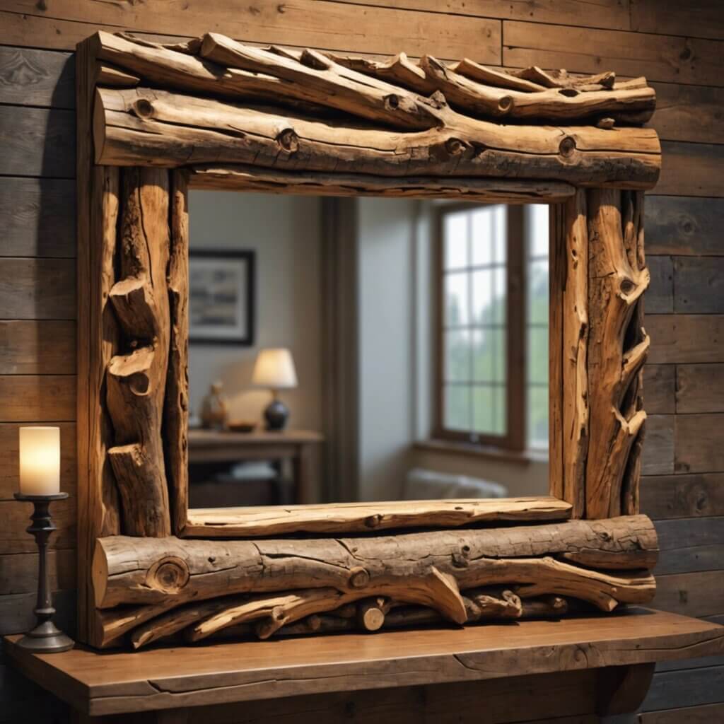 Mirroring nature's beauty with a frame carved out of solid wood logs.