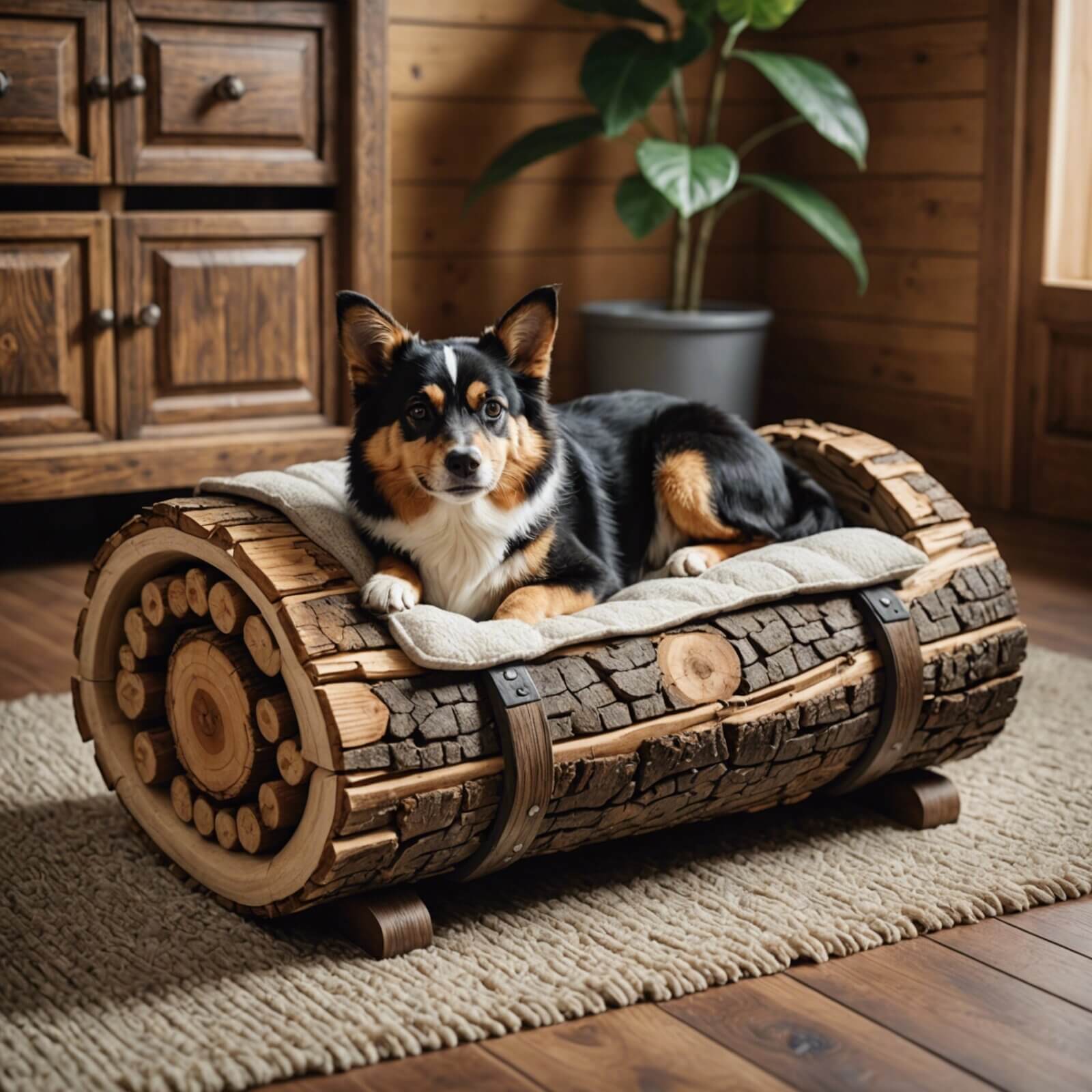 Pet bed made from a wood log