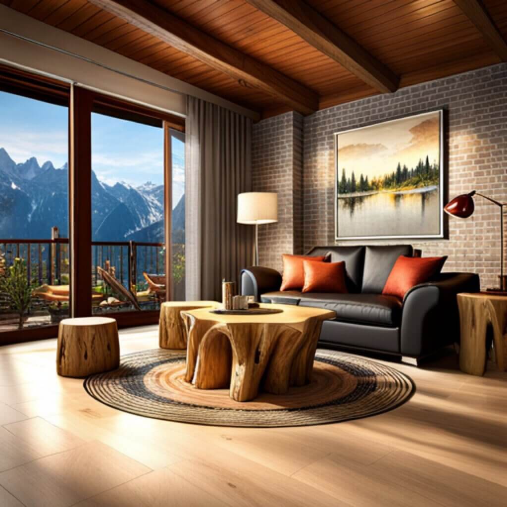 side table and stools made out of wood logs.