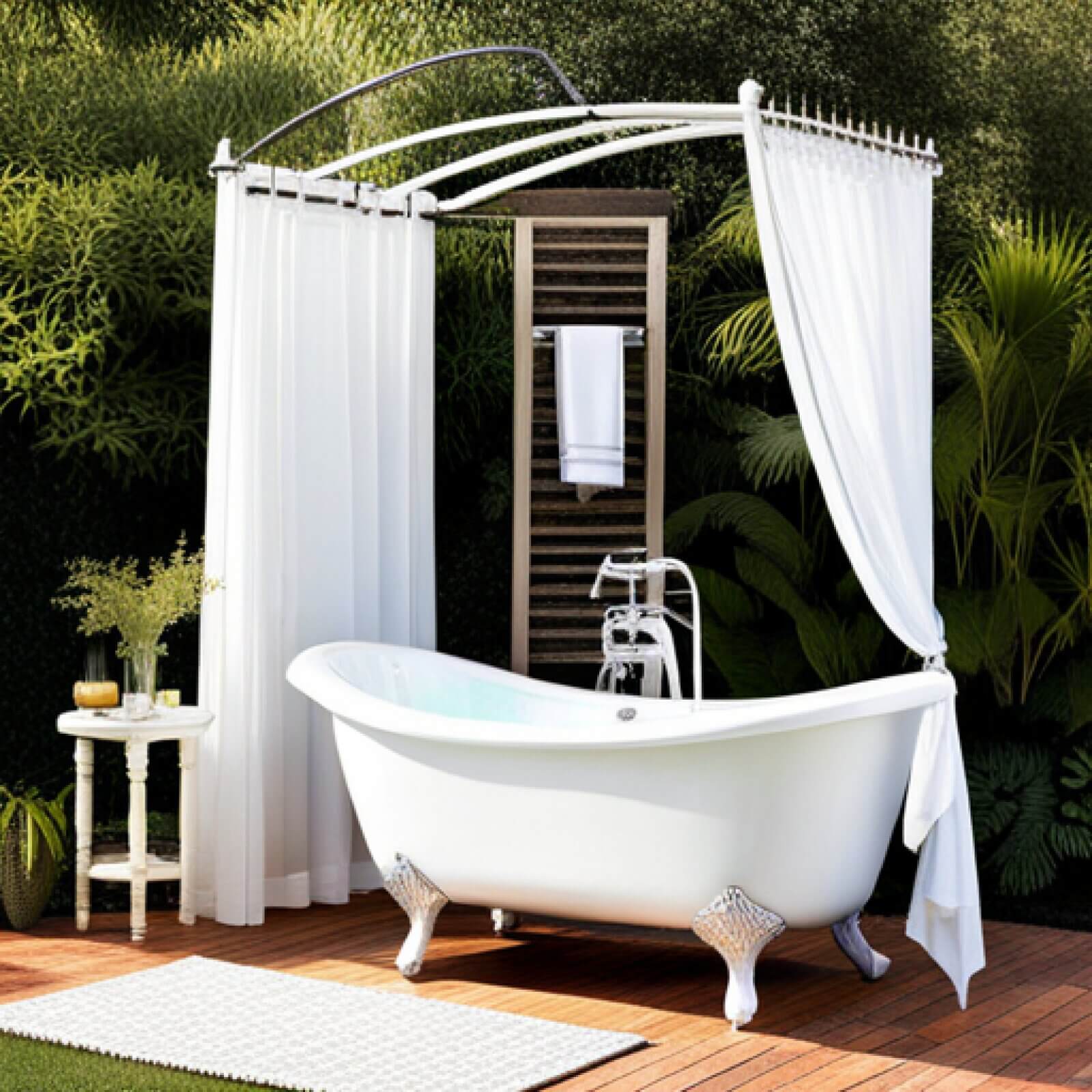 Transform your outdoor space with a stunning claw-foot tub that doubles as a refreshing shower.