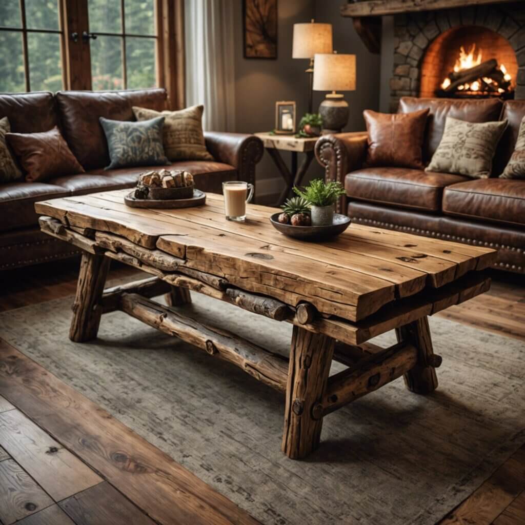 Stylish coffee table made from rustic wood logs