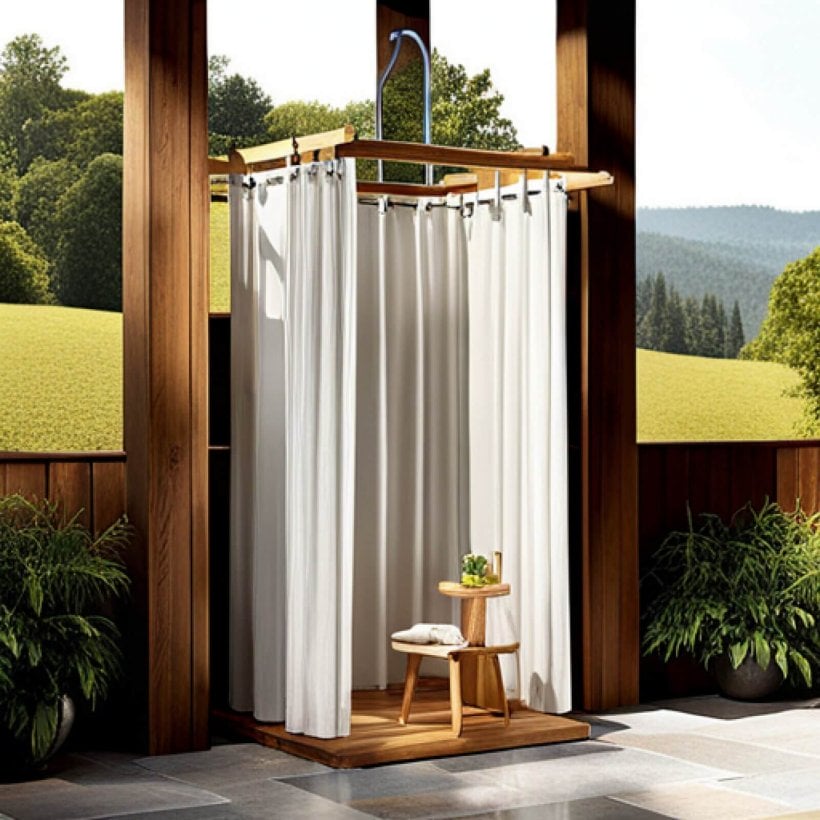 Shower cabins for outdoor clothing.