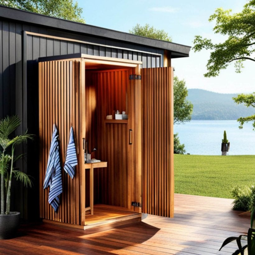 Outdoor shower made of rustic cedar.