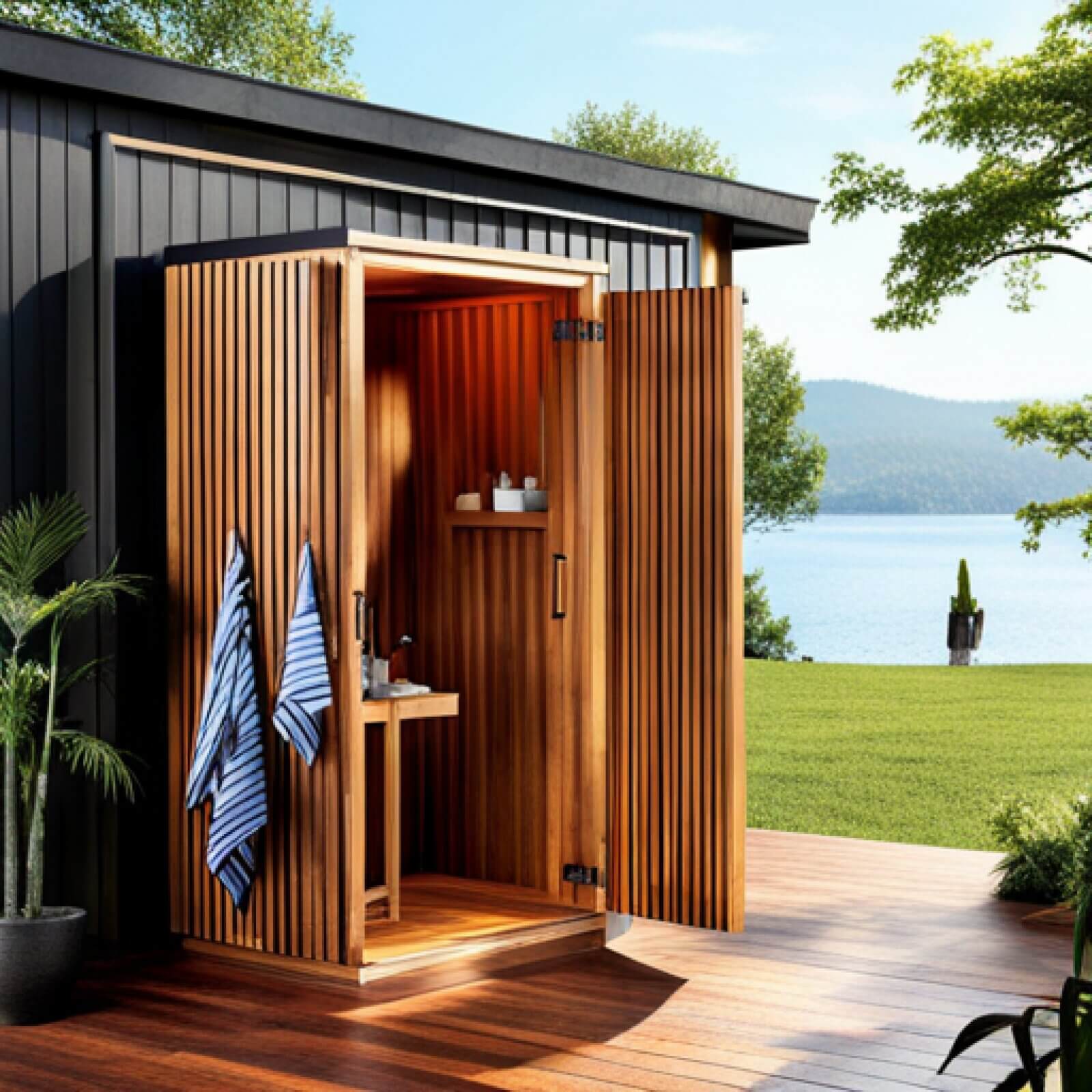 Outdoor shower made of rustic cedar.