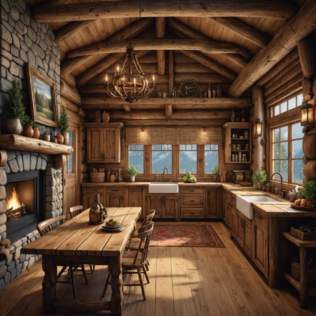 Incorporate charming log details to enhance the rustic ambiance.