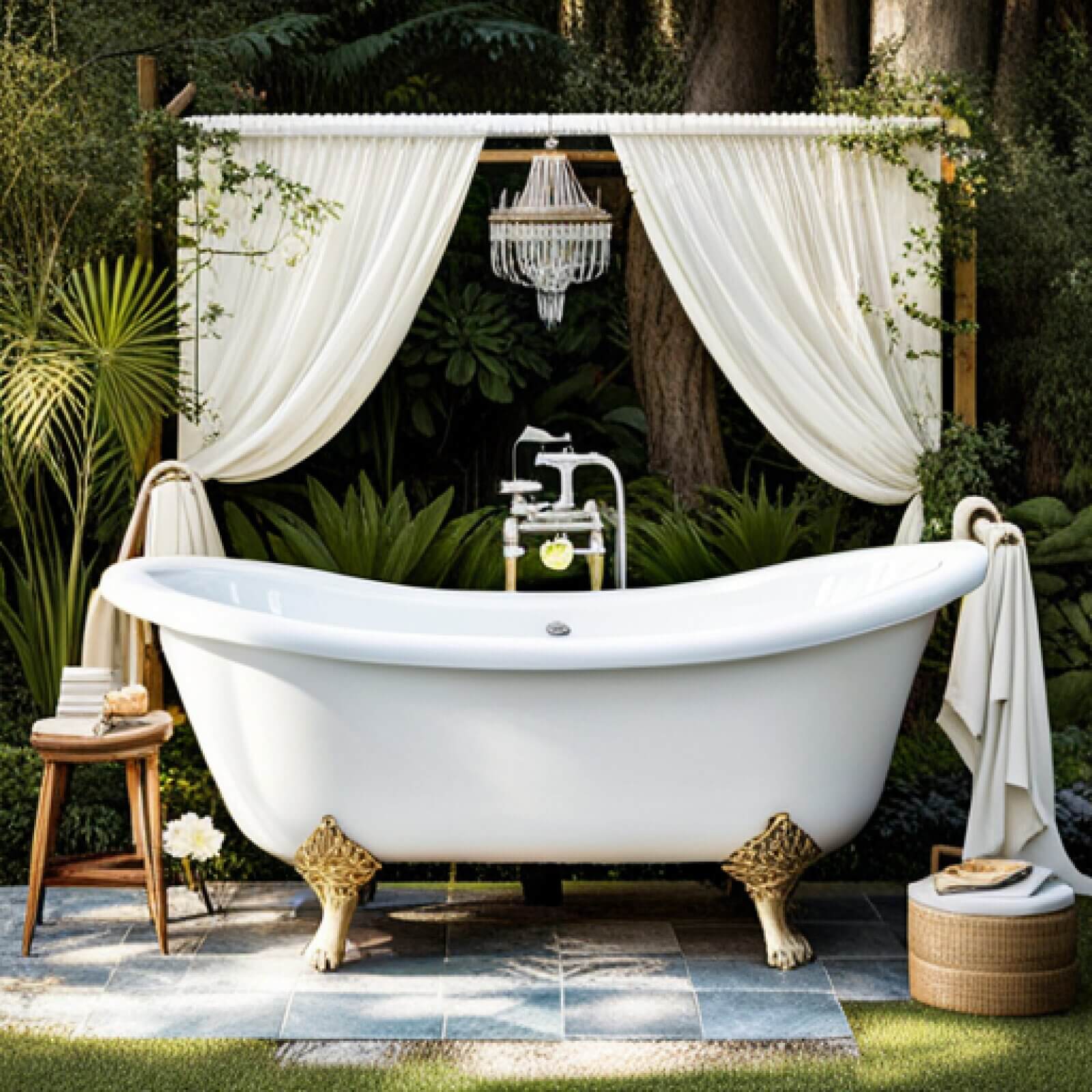 Claw-foot bathtub for outdoor use with a vintage design.