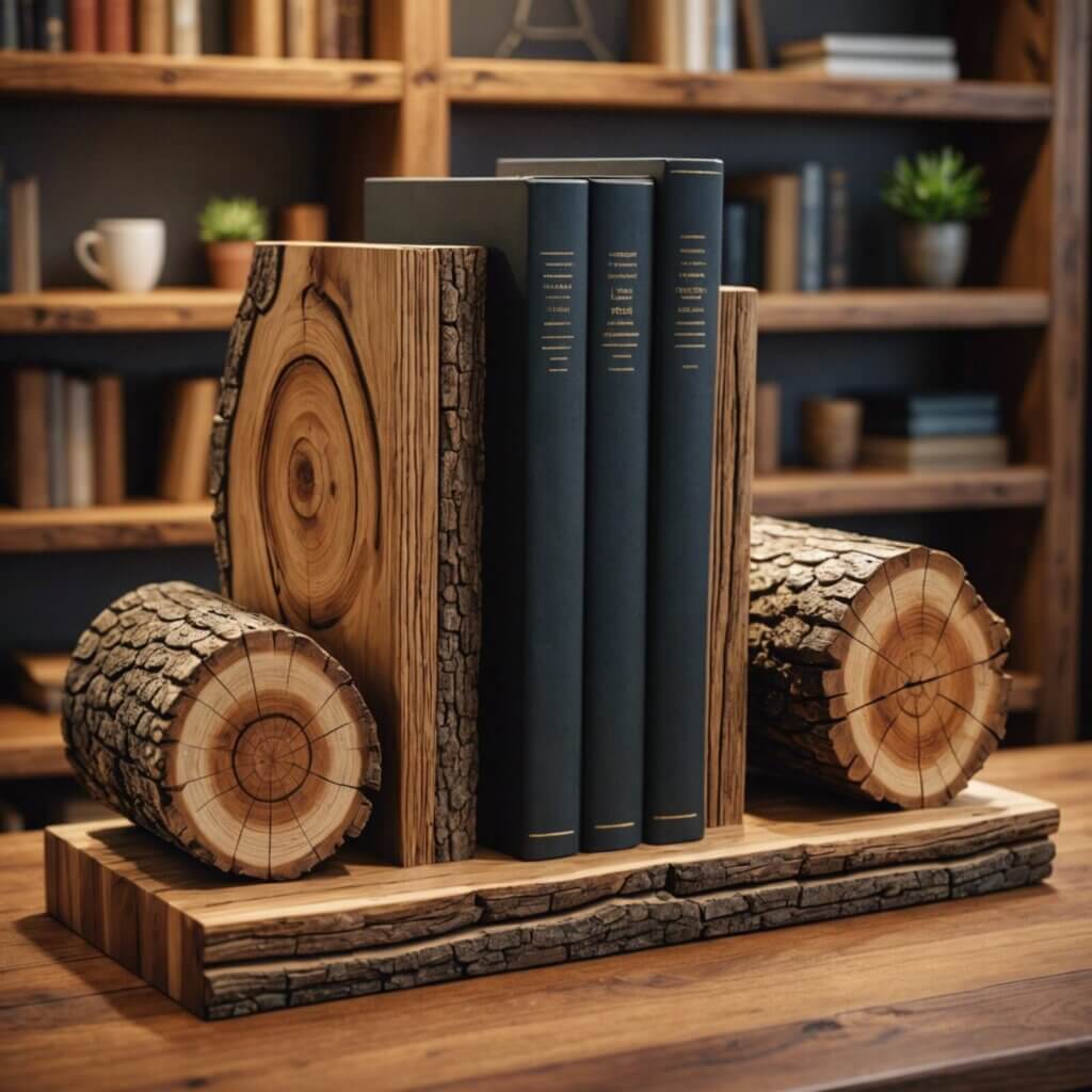 Bookends and shelves made of wood logs.