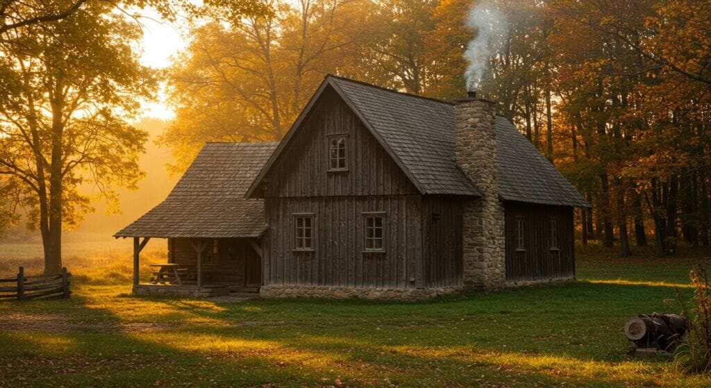 A beautifully lit photograph of a rustic, old wooden barn conversion