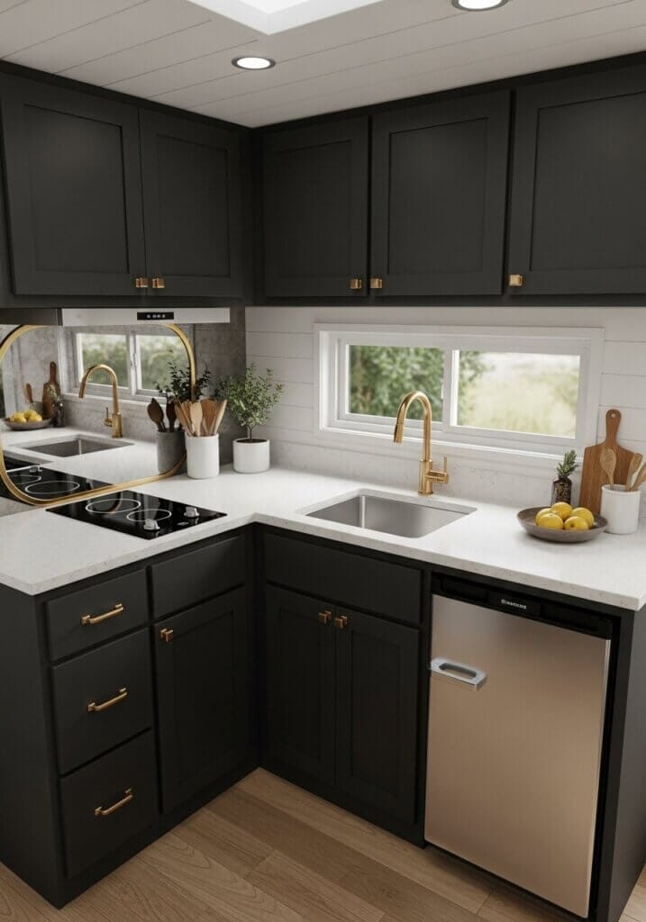 11_U-Shaped Efficiency Brass-Mirrored Kitchen