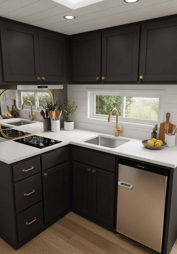 11_U-Shaped Efficiency Brass-Mirrored Kitchen