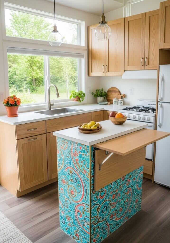 16_Flip-Down Island Mosaic-Tiled Tiny Kitchen