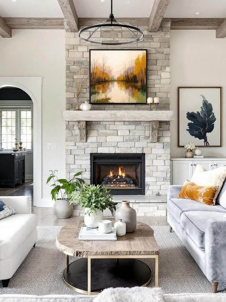 19. Sophisticated Ledge Stone Fireplace Living Room_2