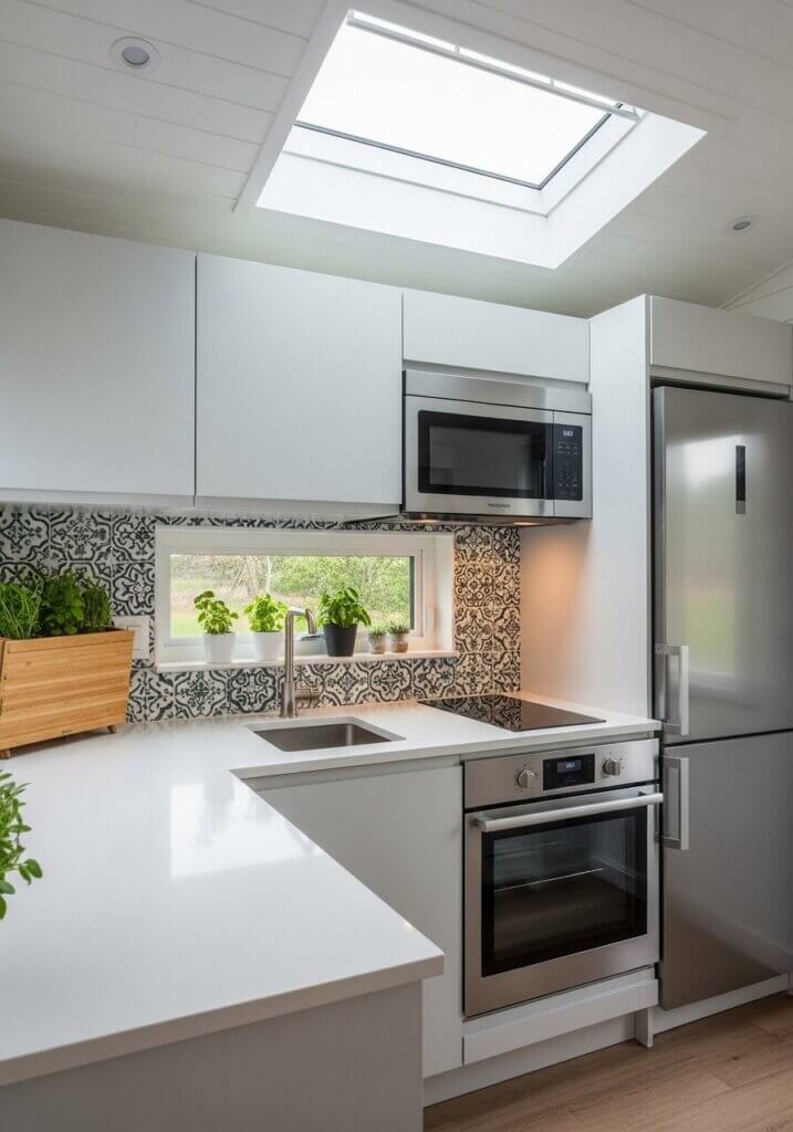 1_Skylit Serenity Mosaic-Tiled Tiny Kitchen