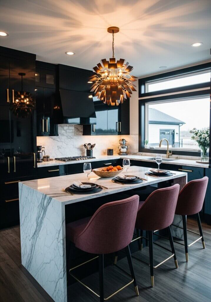 41_Marbled Glam Artichoke Chandelier Kitchen