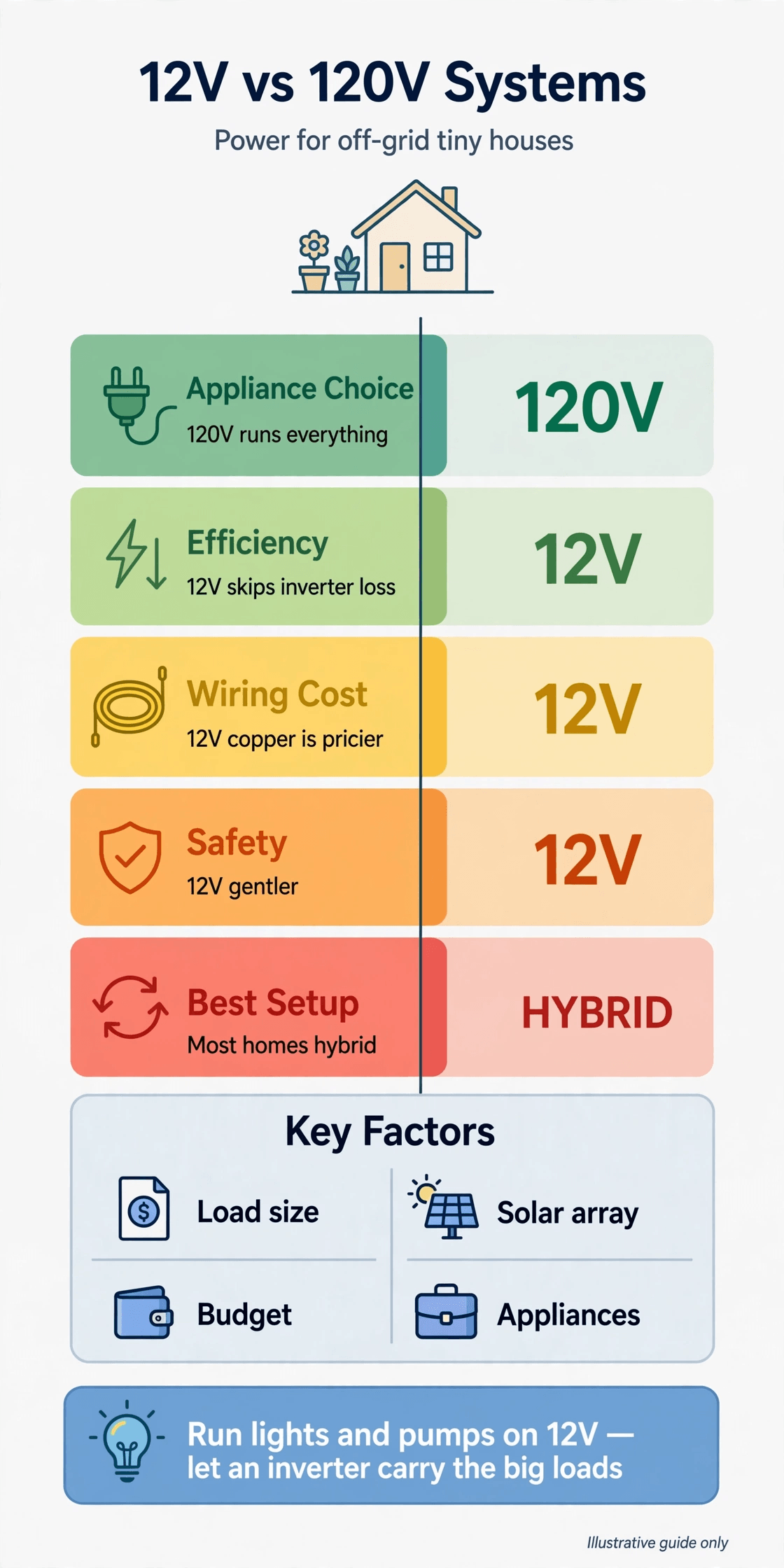 12v vs 120v off grid tiny house at a glance infographic comparing appliances efficiency wiring safety and hybrid systems