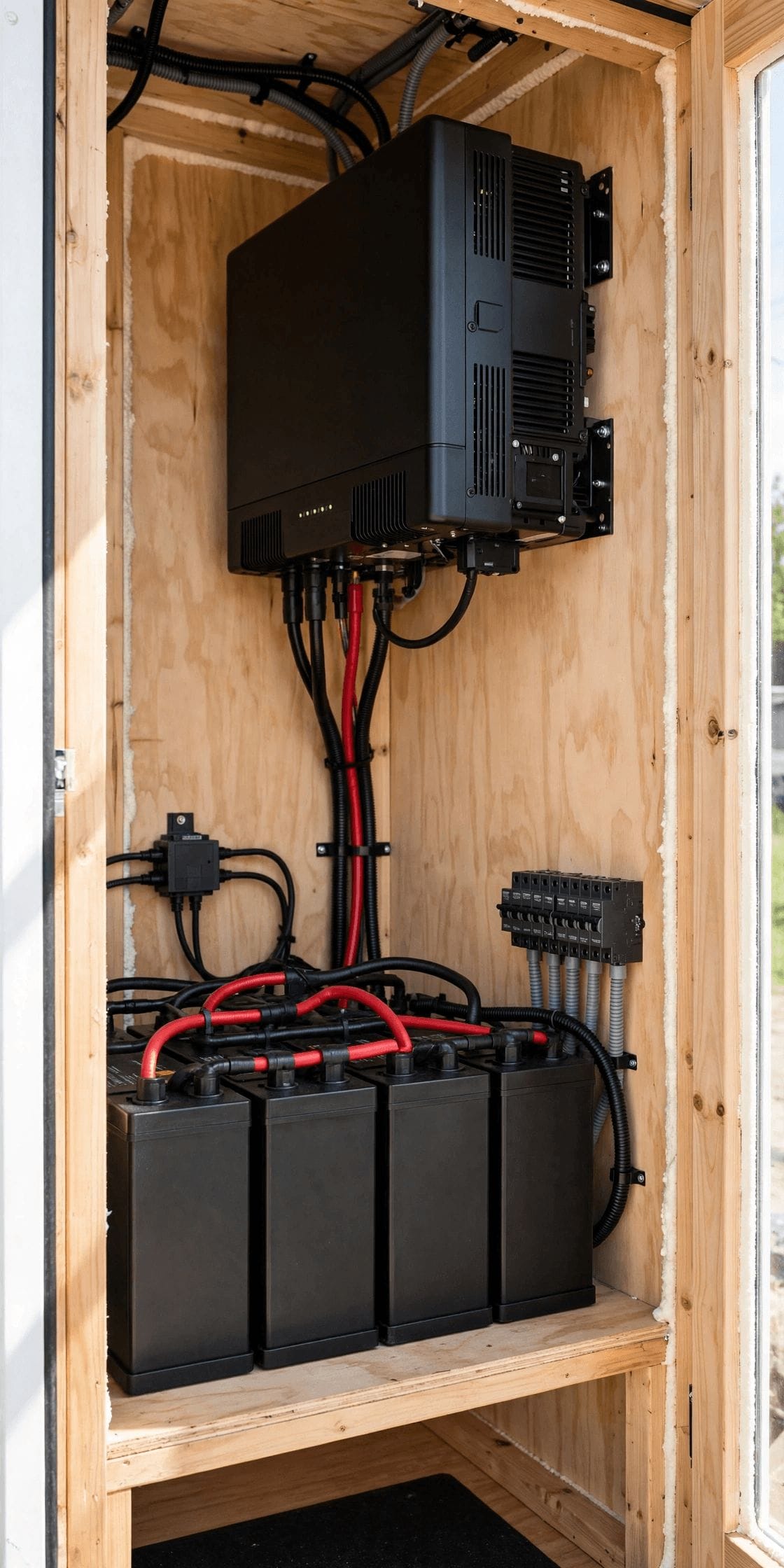 12v vs 120v off grid tiny house appliance choices compared in a pin graphic