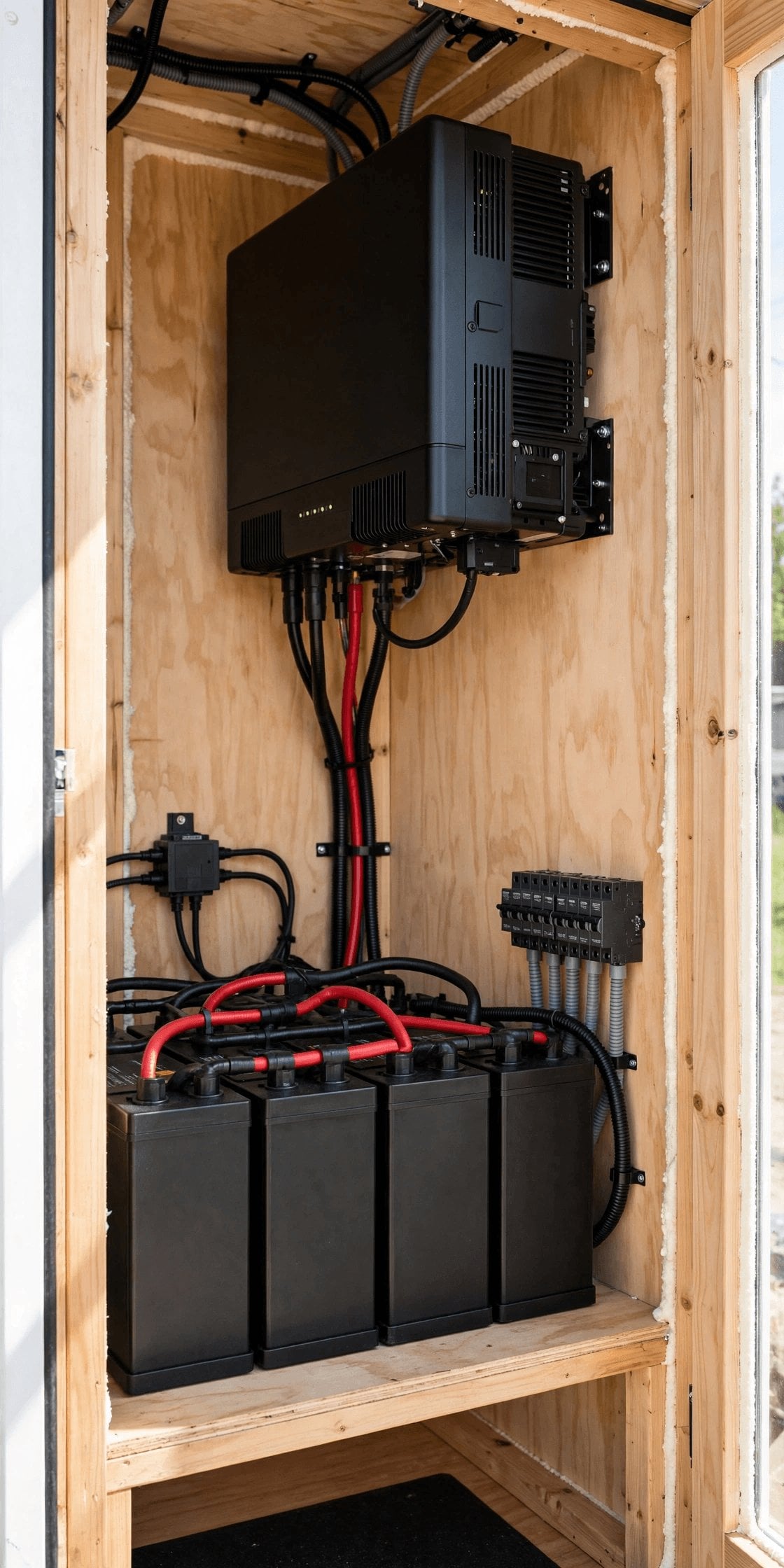 12v vs 120v off grid tiny house appliance choices compared in a pin graphic