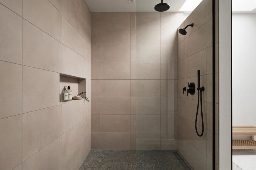 12x24 bathroom tile layout: horizontal stacked tiles in a calm modern bathroom