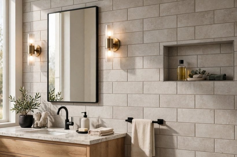 12x24 bathroom tile layout: staggered floor tiles leading the eye through the room