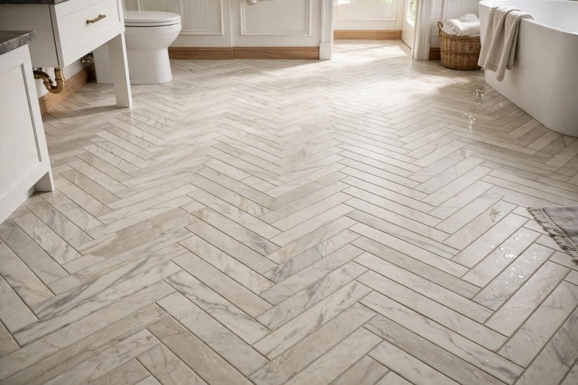 12x24 bathroom tile layout: vertical tiles in a shower with a tiled niche