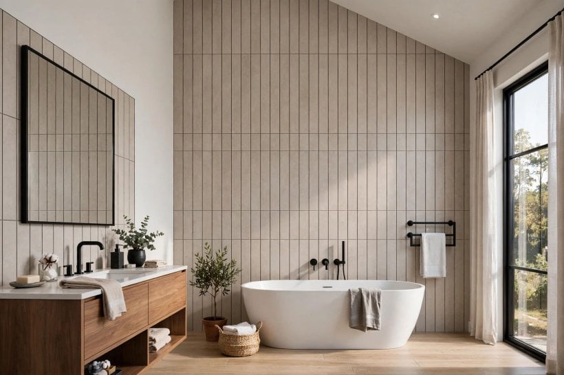 12x24 bathroom tile layout: pale stone-look tiles with matching grout