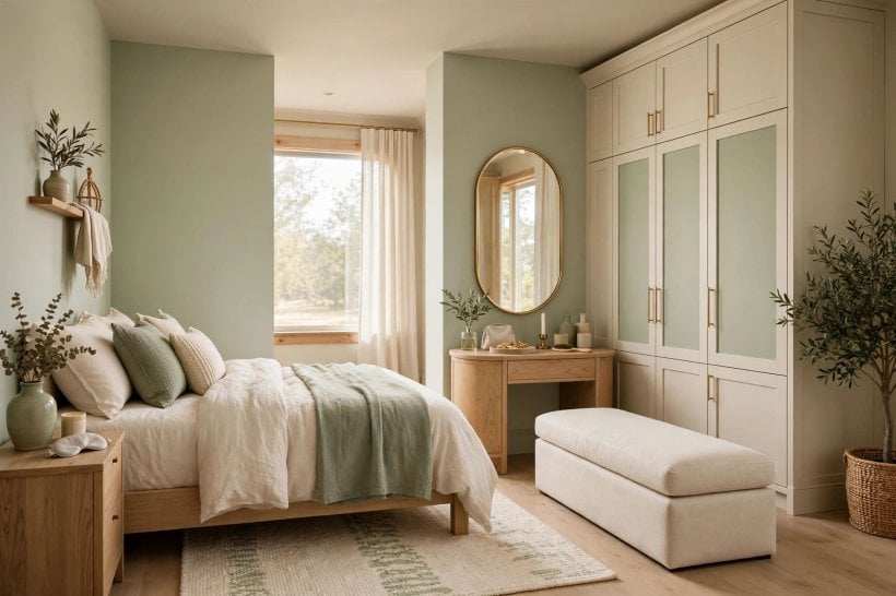 20*15: a calm bedroom layout with the bed on the long wall