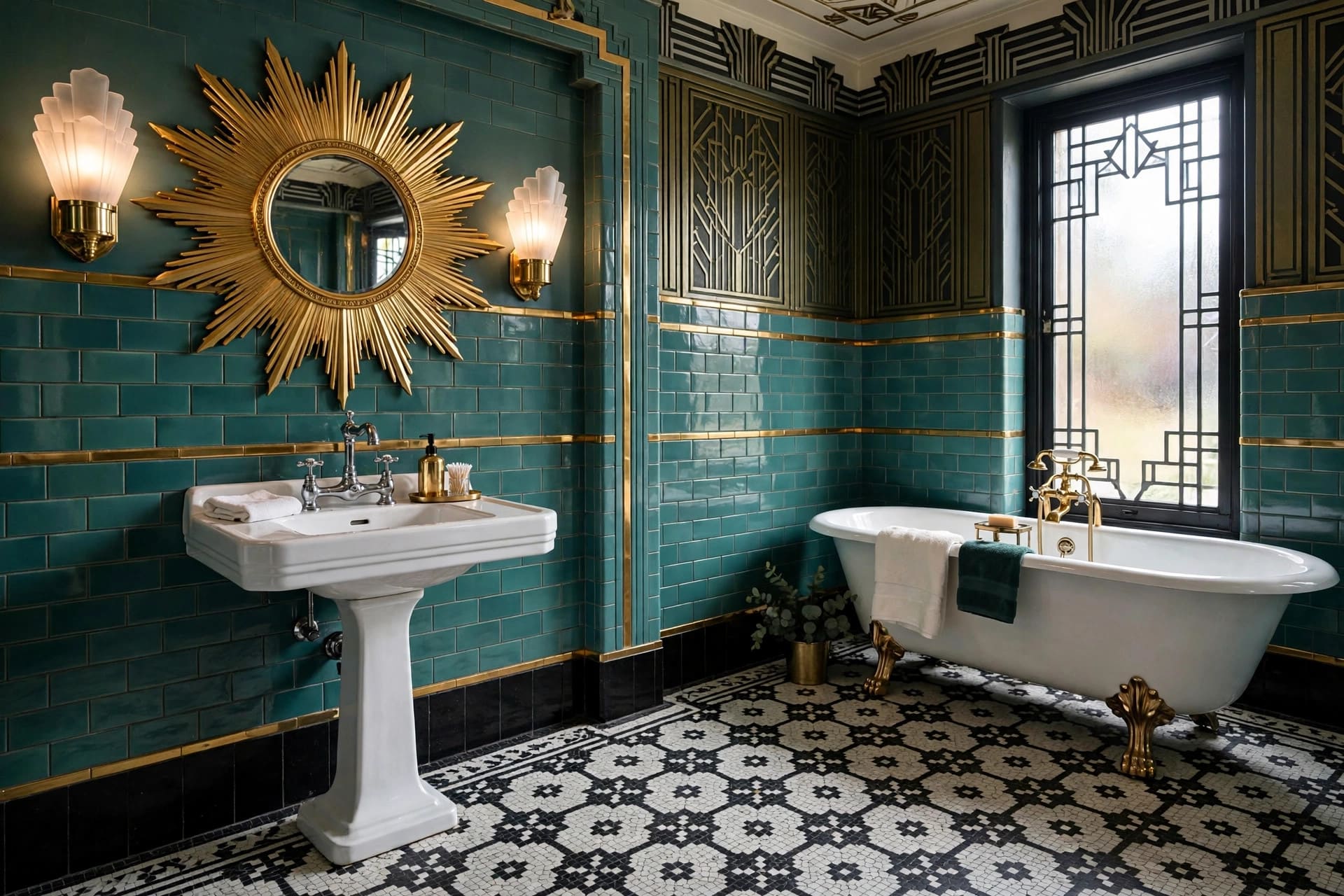 1920s design: emerald velvet chairs around a marble-topped table