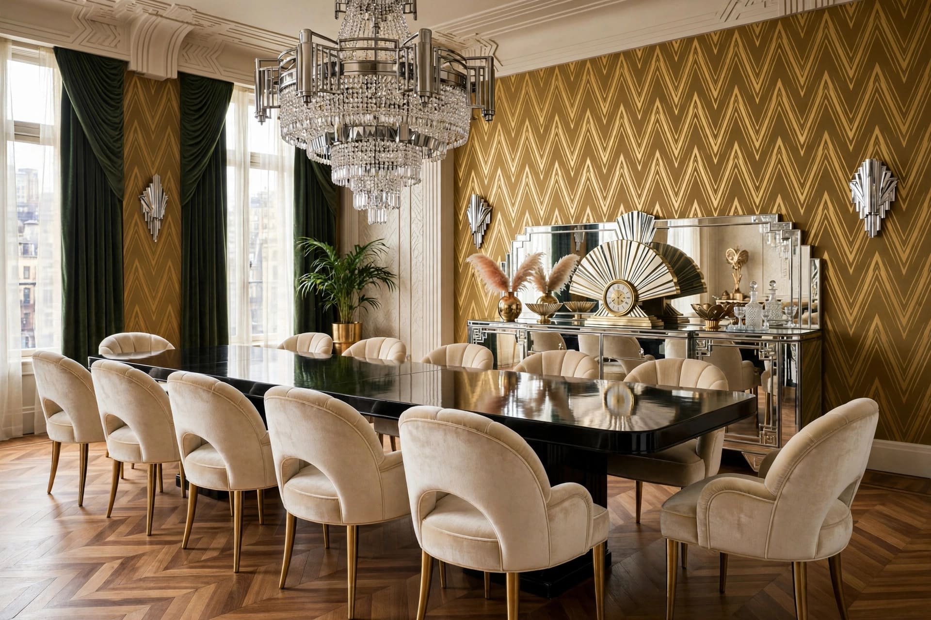 1920s design: black and white chevron floor in an elegant hallway
