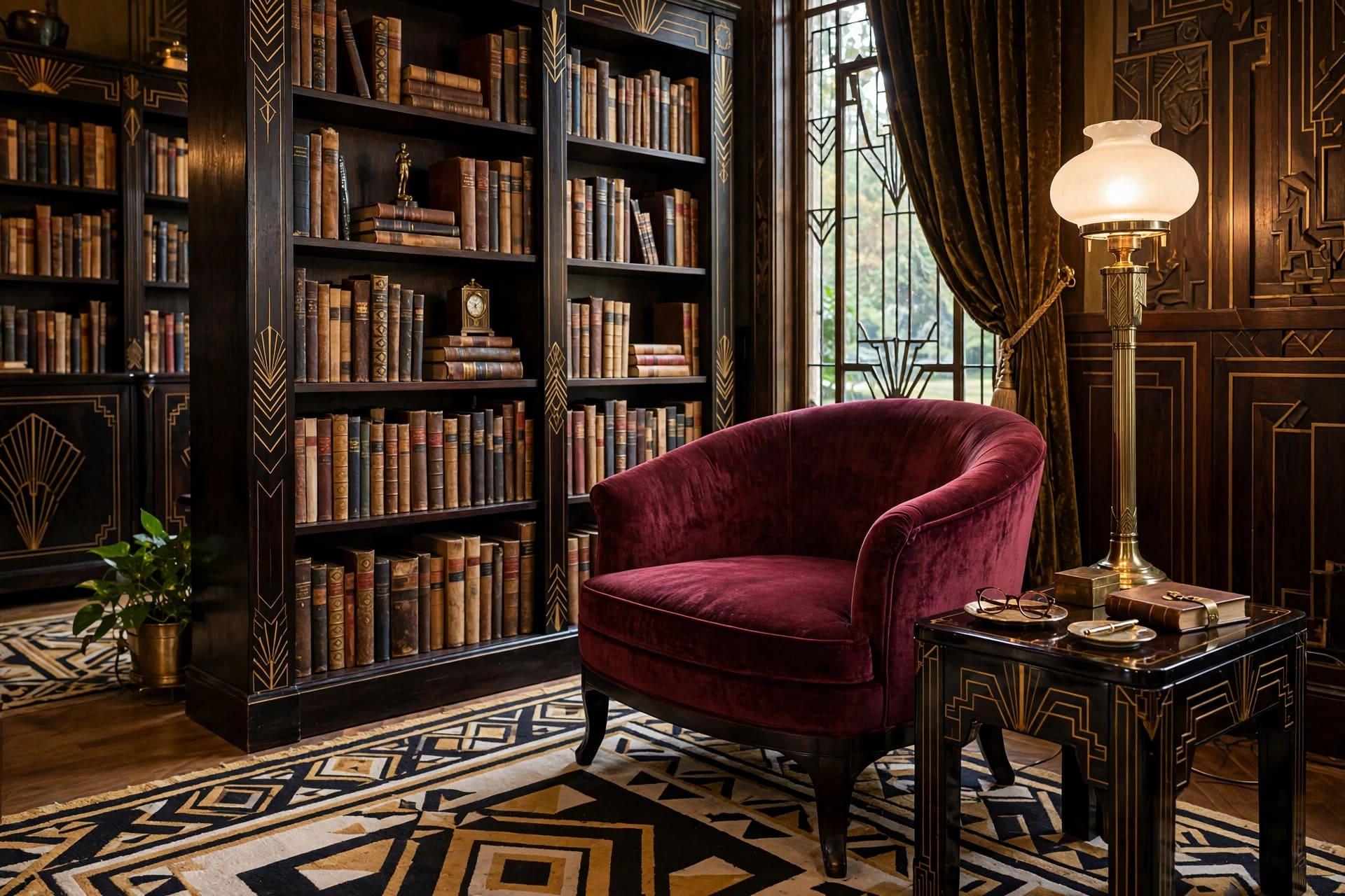 1920s design: jewel-toned bedroom with a scalloped velvet headboard