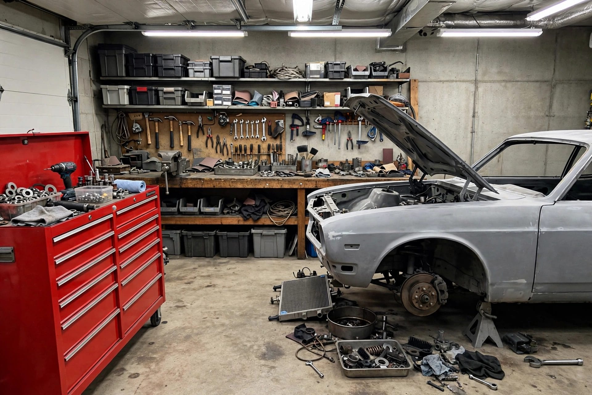 2 car garage dimensions: workshop bench and cabinets at the back of a garage