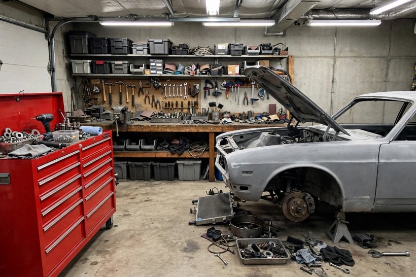 2 car garage dimensions: workshop bench and cabinets at the back of a garage