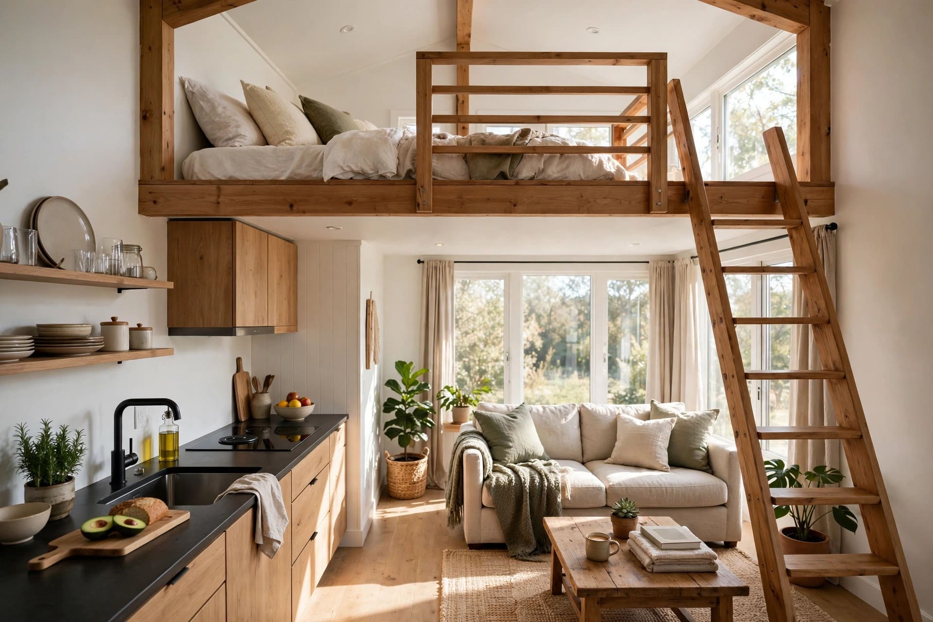 400 sq ft house plans photos showing a compact open plan cottage interior with a sleeping loft