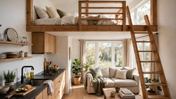 400 sq ft house plans photos showing a compact open plan cottage interior with a sleeping loft